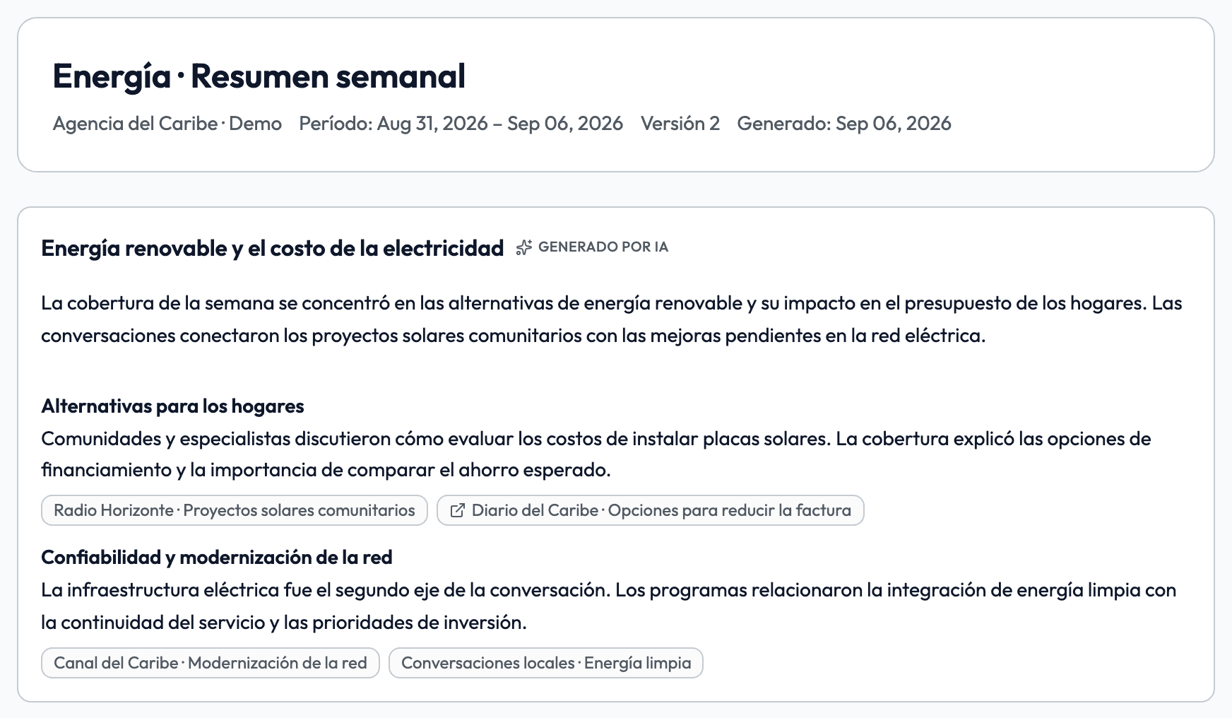Coverage Summary of energy and infrastructure with linked radio, TV, web, and podcast sources