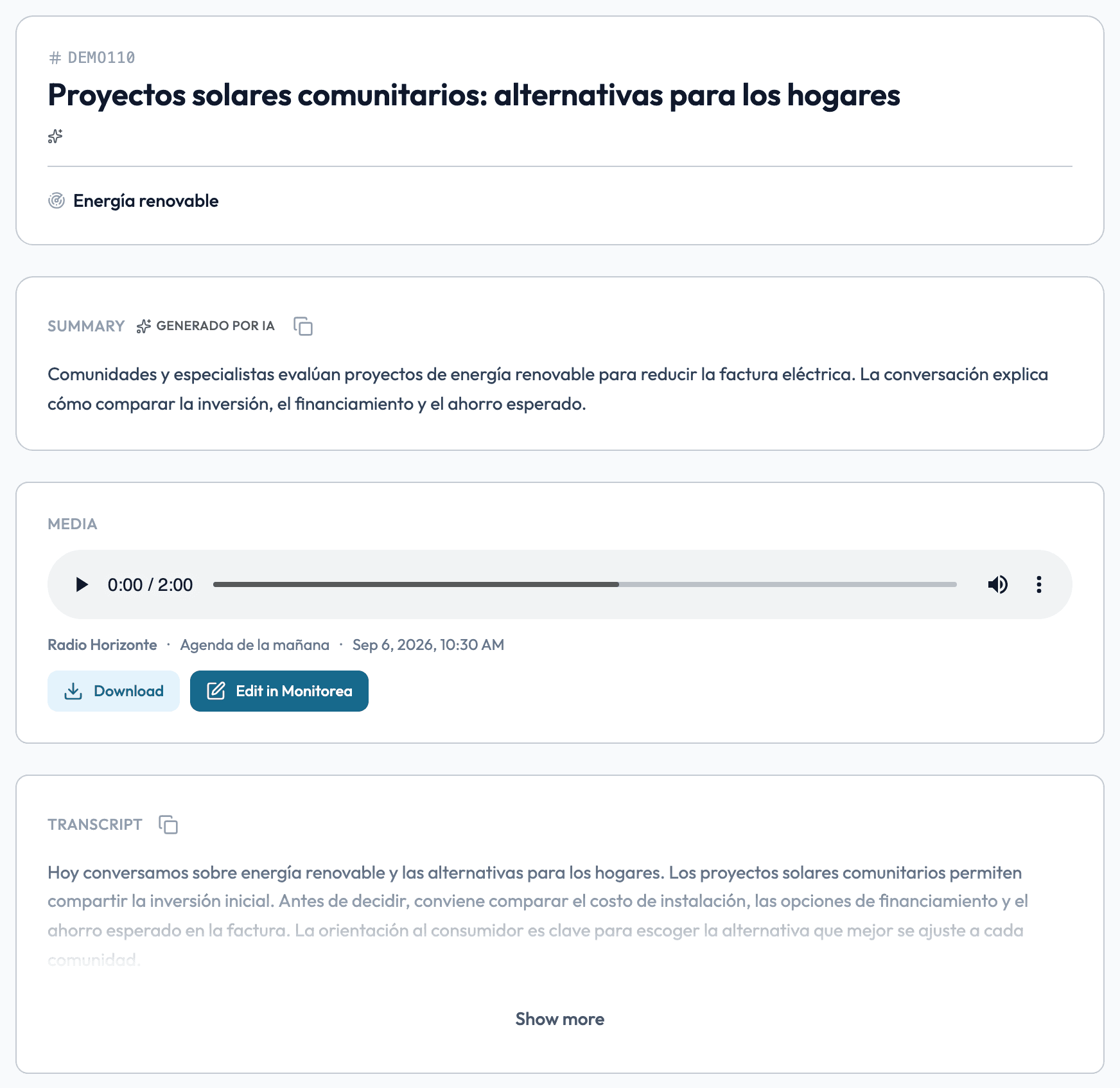 Public clip share page with recording, summary, source, and transcript