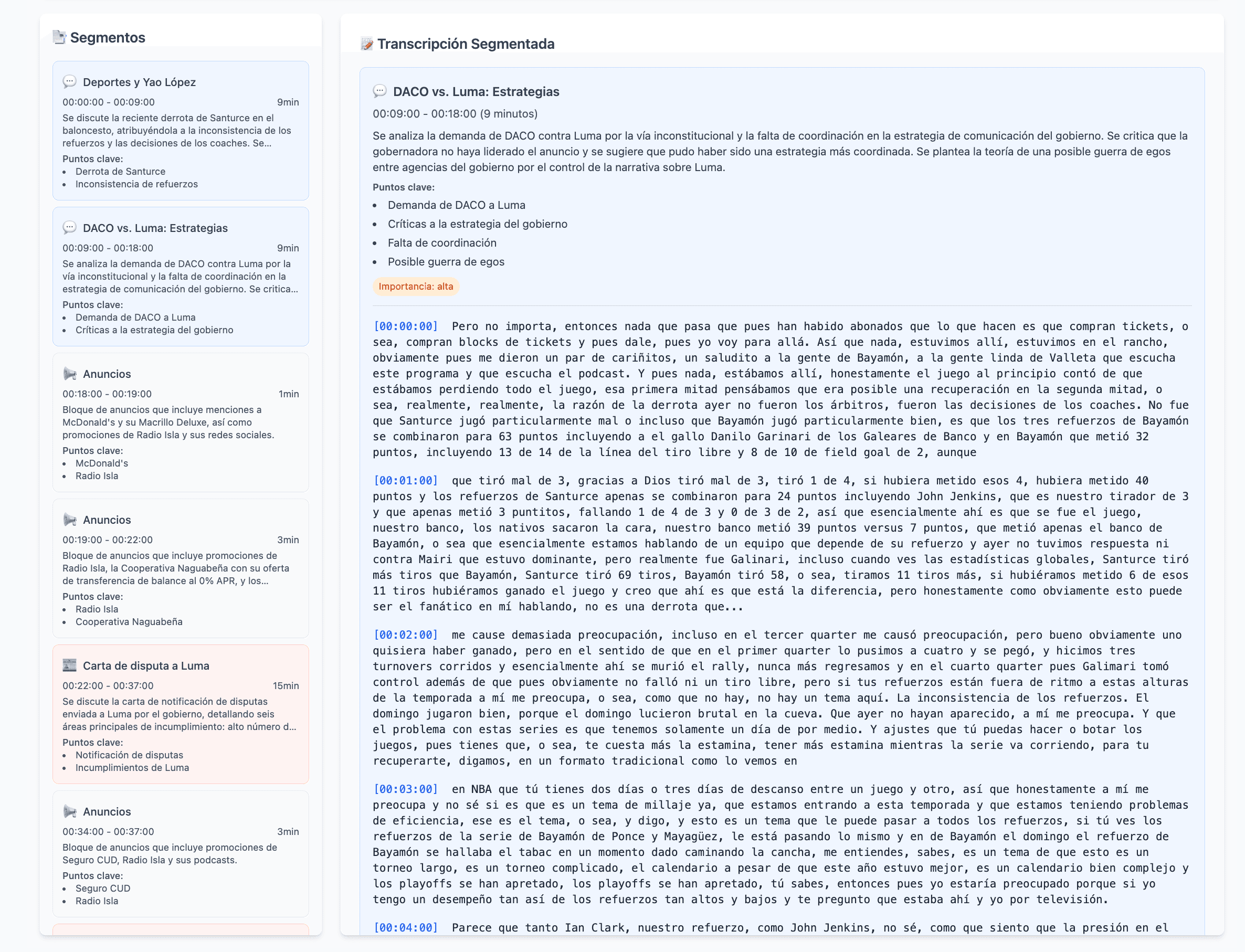 AI-powered transcript analysis and segmentation