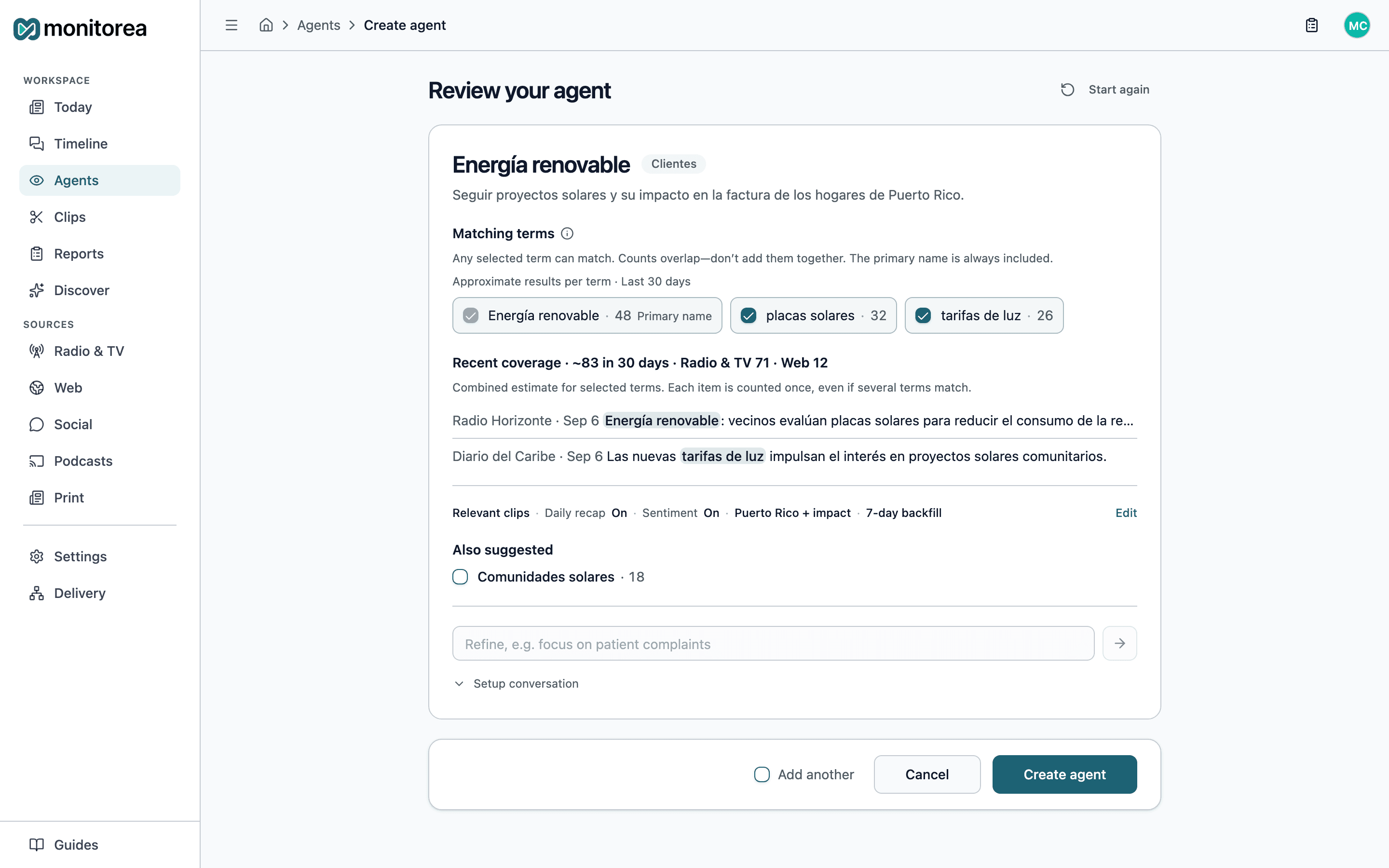 Agent preview showing suggested matching terms and examples from recent coverage